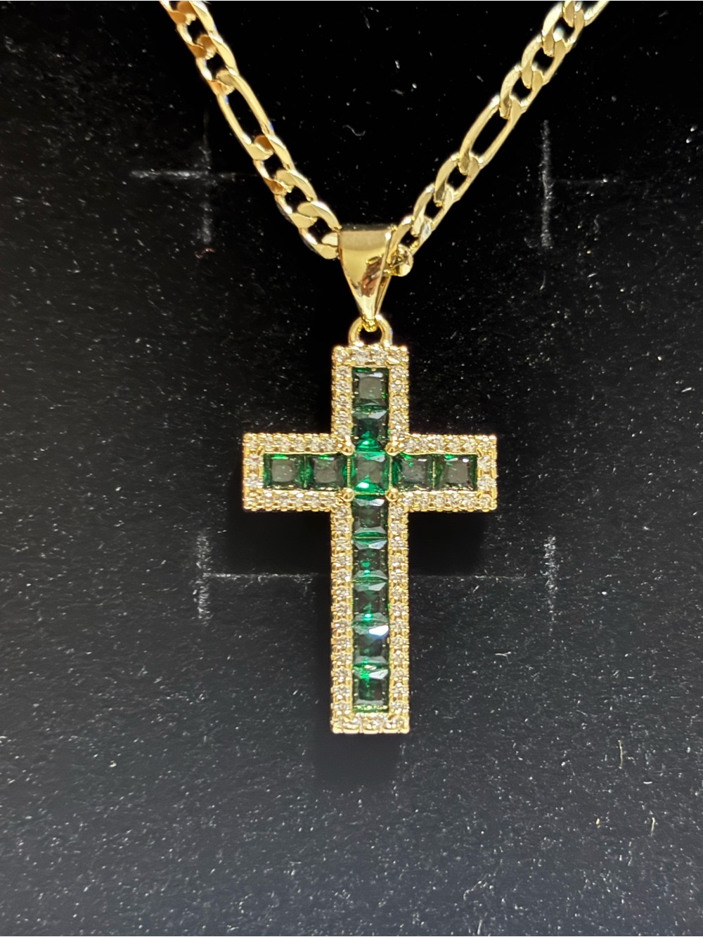14kt Gold over sterling silver Cross Pendant Necklace with Emerald Green Stones